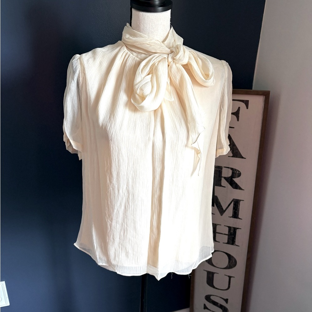 Anne Klein Cream Tie-Neck Short Sleeve Blouse 14